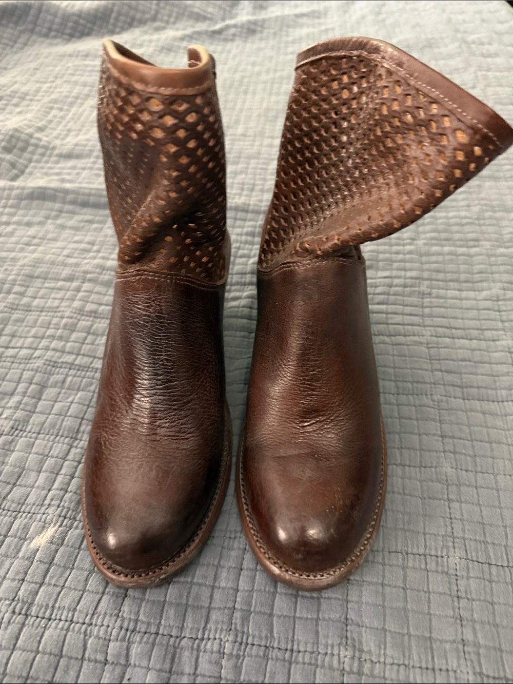 Bed Stu Women's Brown Perforated Leather Mid-Calf Heeled Boots